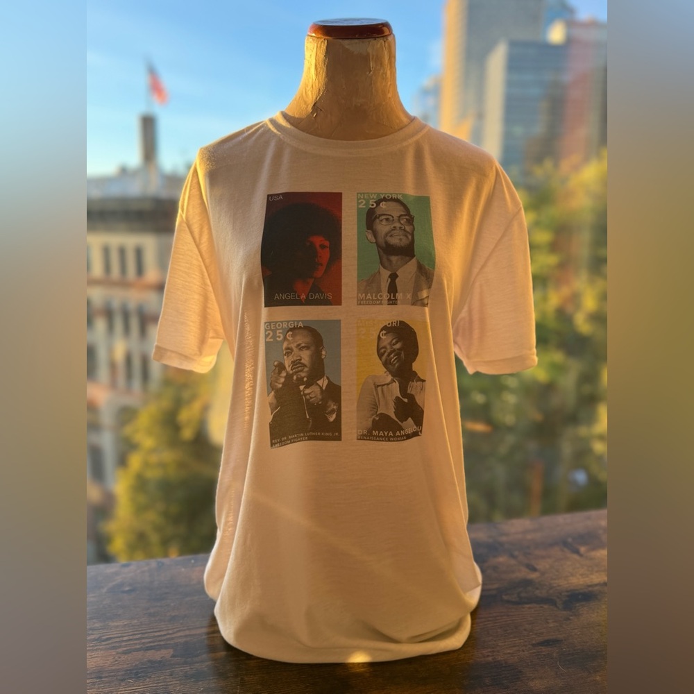 Black History Legends Stamp Tee – Angela Davis, Malcolm X, MLK, Maya Angelou
